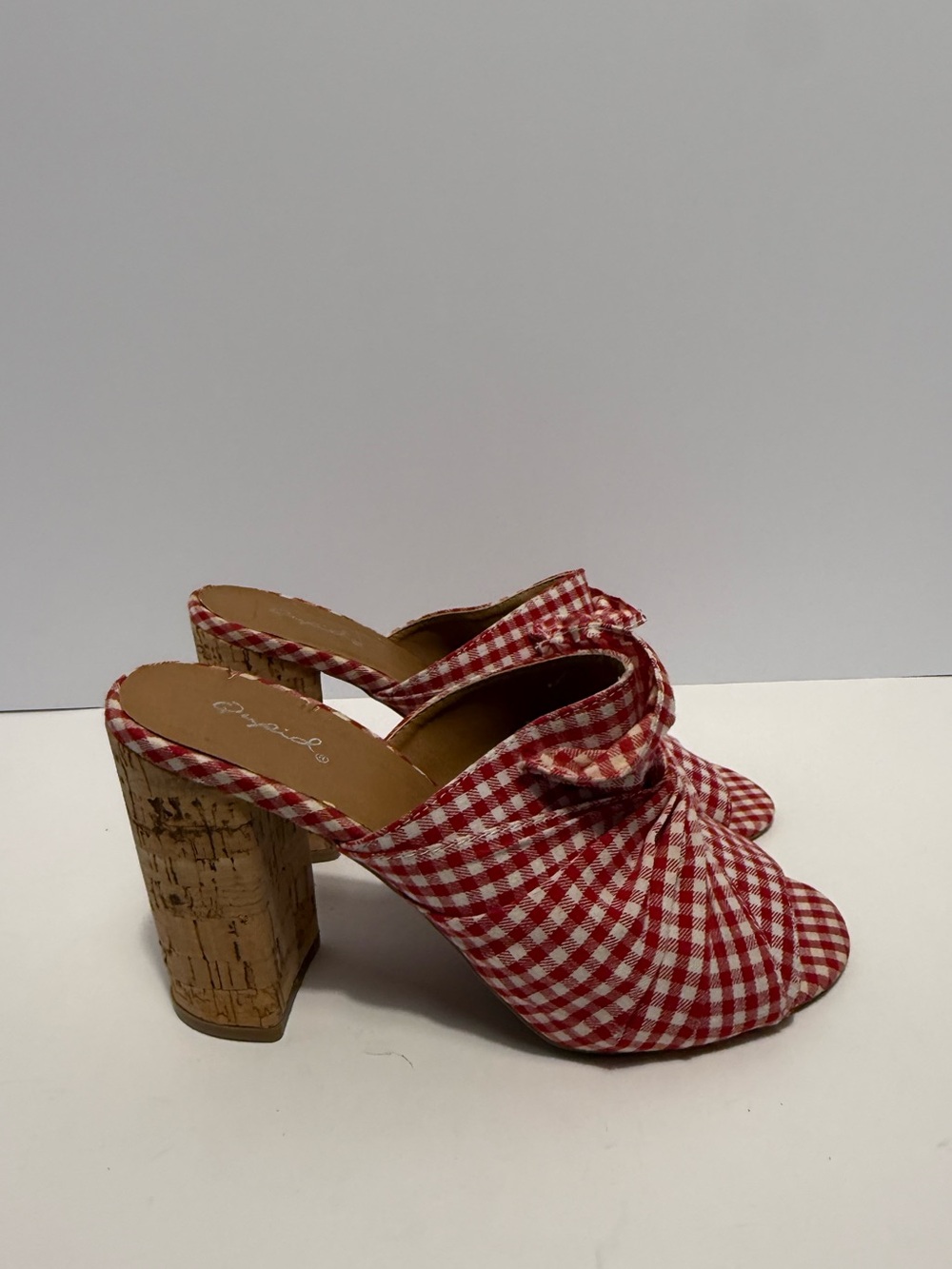 Qupid Women’s Red/White Gingham Open Toe Mule Slip-On Block Heel Bow 9